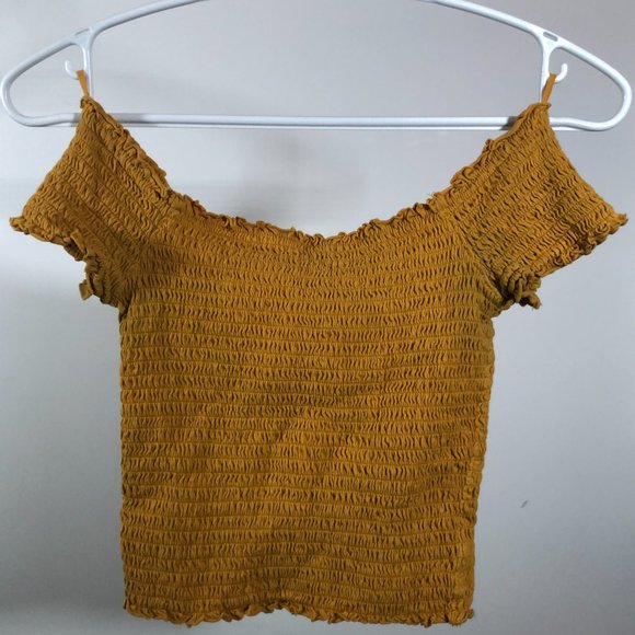 yellow elastic cropped slash neck top XS - Picture 2 of 2